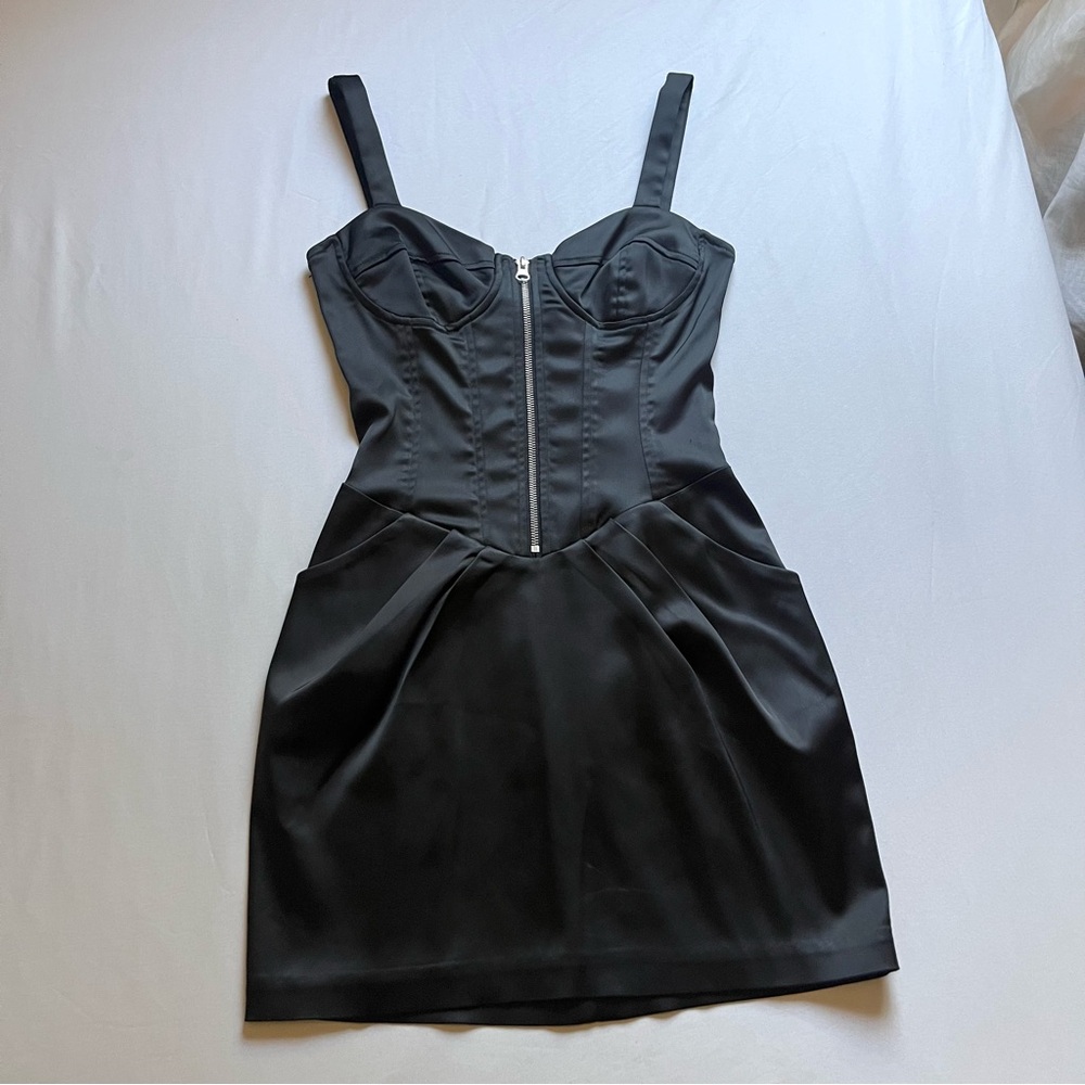 BETSEY JOHNSON black vintage satin boned corset bustier pleated sleeveless mini